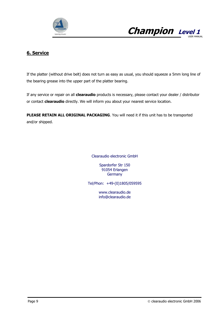 Champion, Level 1 | Clearaudio Champion User Manual | Page 9 / 10