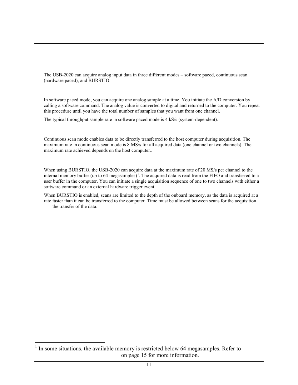 Functional details, Analog input acquisition modes, Software paced | Continuous scan (hardware paced), Burstio | Measurement Computing USB-2020 User Manual | Page 11 / 24