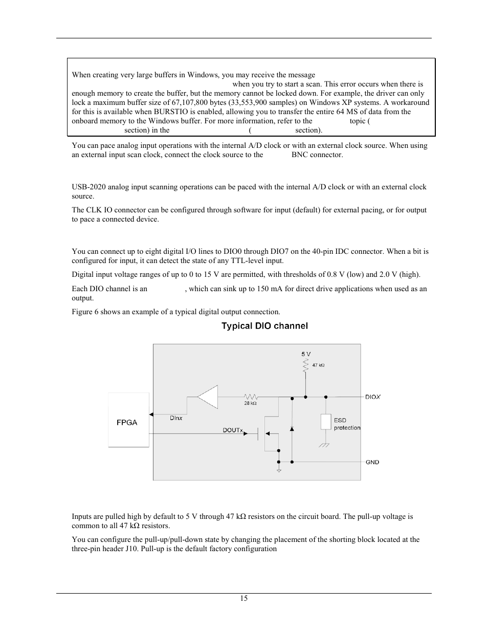 External clock i/o, Digital i/o, External pull-up capability | Buffer, Size limitations on windows systems | Measurement Computing USB-2020 User Manual | Page 15 / 24