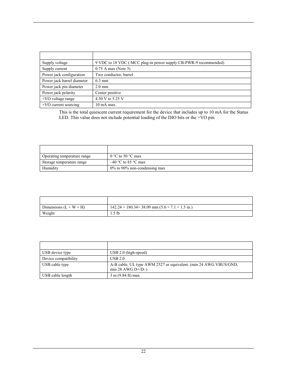 Power, Environmental, Mechanical | Measurement Computing USB-2020 User Manual | Page 22 / 24