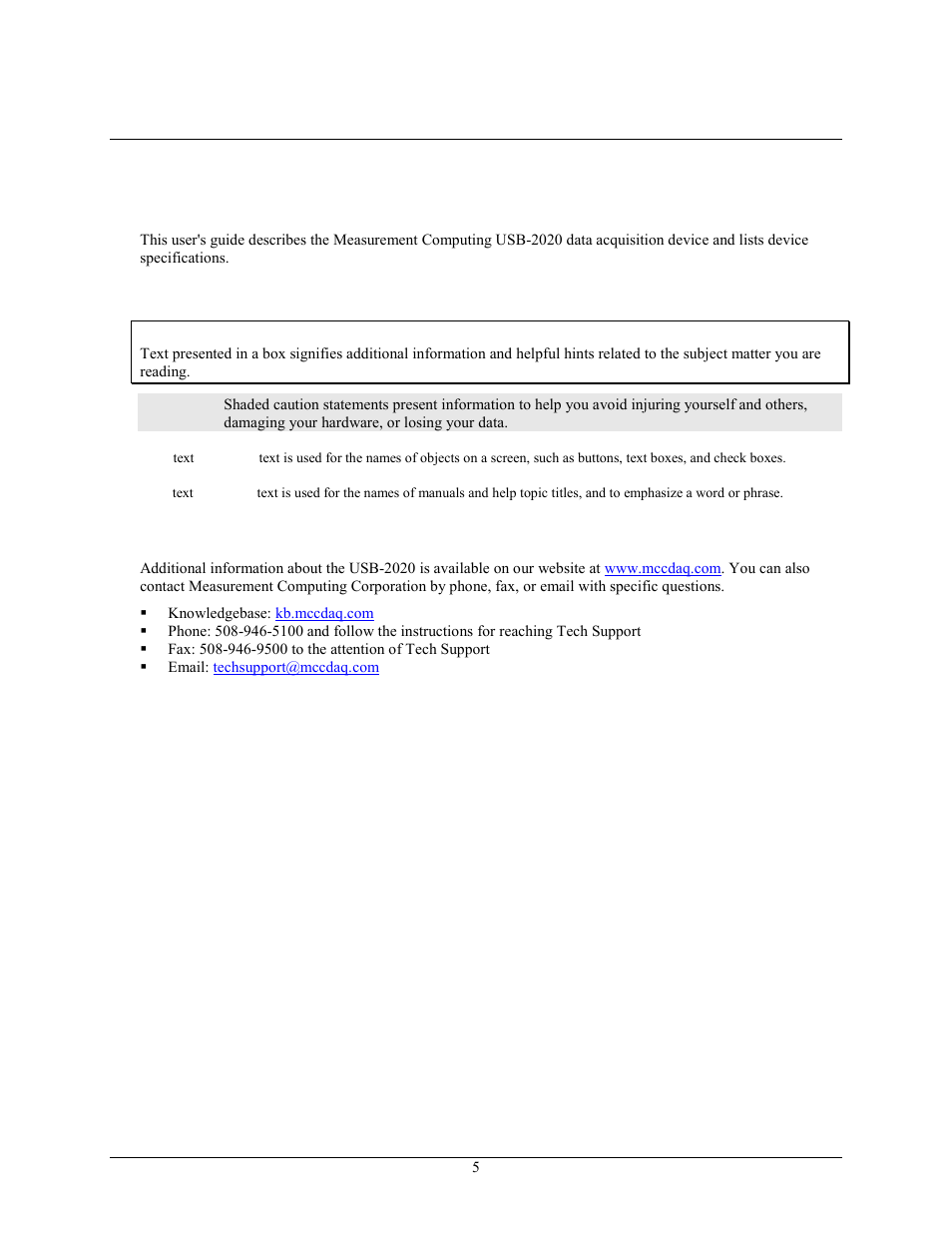 About this user's guide, What you will learn from this user's guide, Conventions in this user's guide | Where to find more information | Measurement Computing USB-2020 User Manual | Page 5 / 24