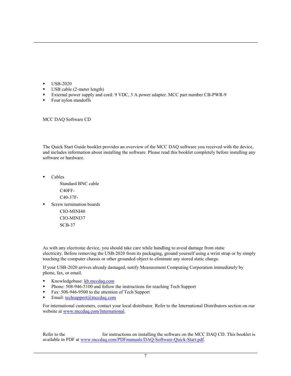 Installing the usb-2020, What comes with your usb-2020 shipment, Hardware | Software, Documentation, Mcc daq quick start guide, Optional components, Unpacking, Installing the software | Measurement Computing USB-2020 User Manual | Page 7 / 24