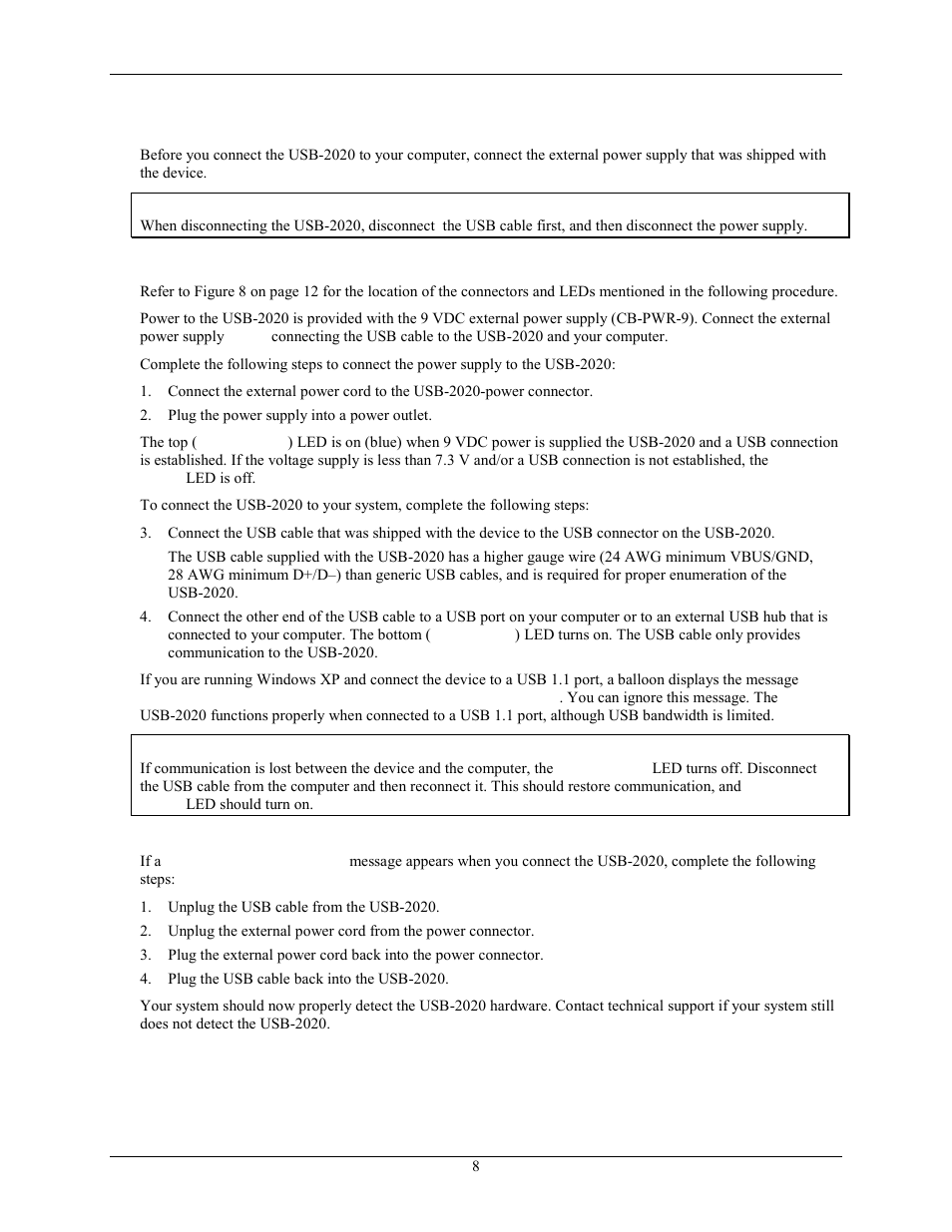 Installing the hardware, Connecting the external power supply, If your system does not detect the usb-2020 | Measurement Computing USB-2020 User Manual | Page 8 / 24