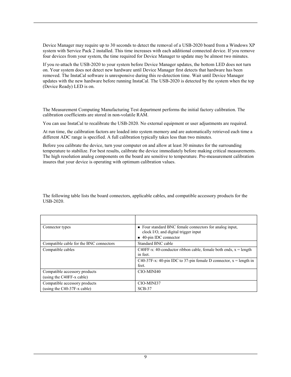 Removing usb-2020 boards from windows xp systems, Calibrating the hardware, Connecting the board for i/o operations | Connectors, cables, and accessory products | Measurement Computing USB-2020 User Manual | Page 9 / 24
