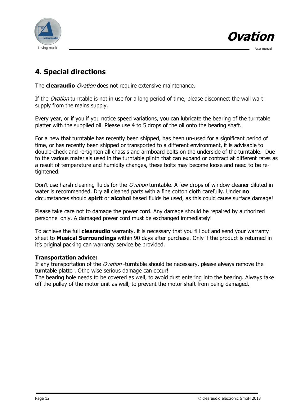 Ovation, Special directions | Clearaudio Version-1.4_12_03_08_E User Manual | Page 12 / 14