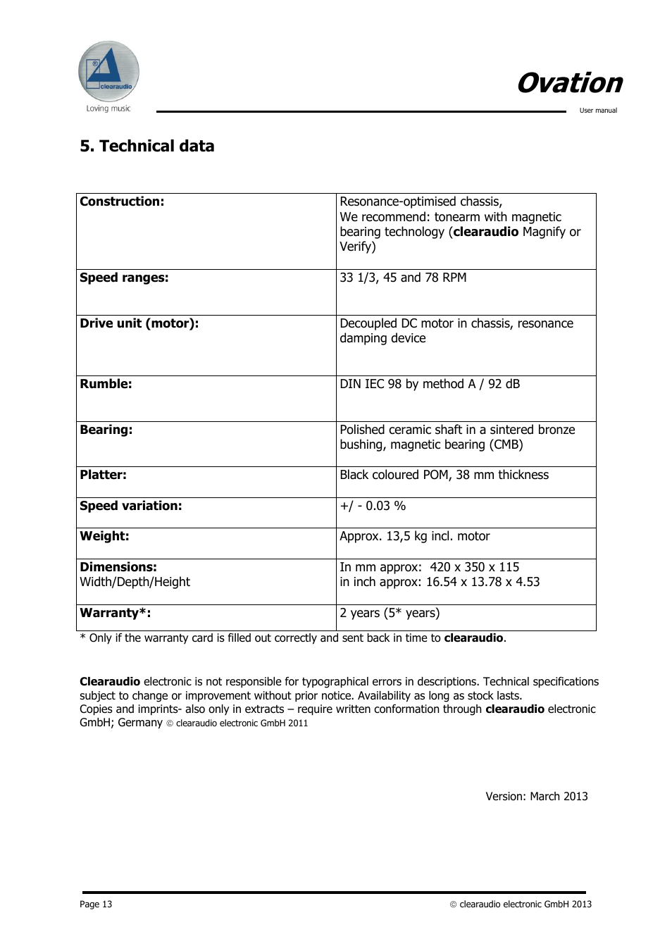 Ovation, Technical data | Clearaudio Version-1.4_12_03_08_E User Manual | Page 13 / 14