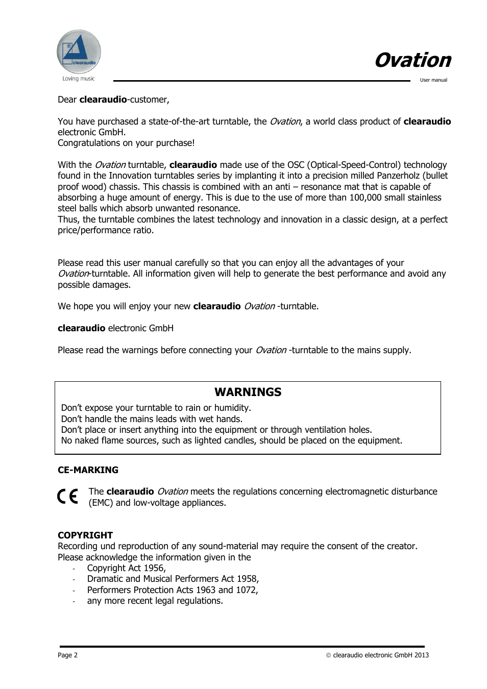 Ovation, Warnings | Clearaudio Version-1.4_12_03_08_E User Manual | Page 2 / 14