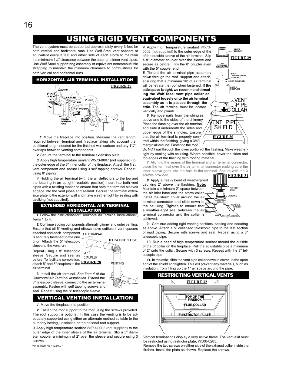 Using rigid vent components, Vertical venting installation, Restricting vertical vents | Figure 31, Figure 28, Figure 27 figure 30, Figure 29, Figure 32 | Continental BCDV48N User Manual | Page 16 / 28