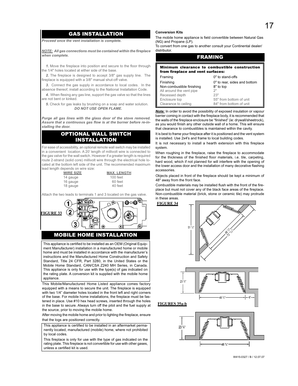 Gas installation, Mobile home installation framing, Optional wall switch installation | Continental BCDV48N User Manual | Page 17 / 28