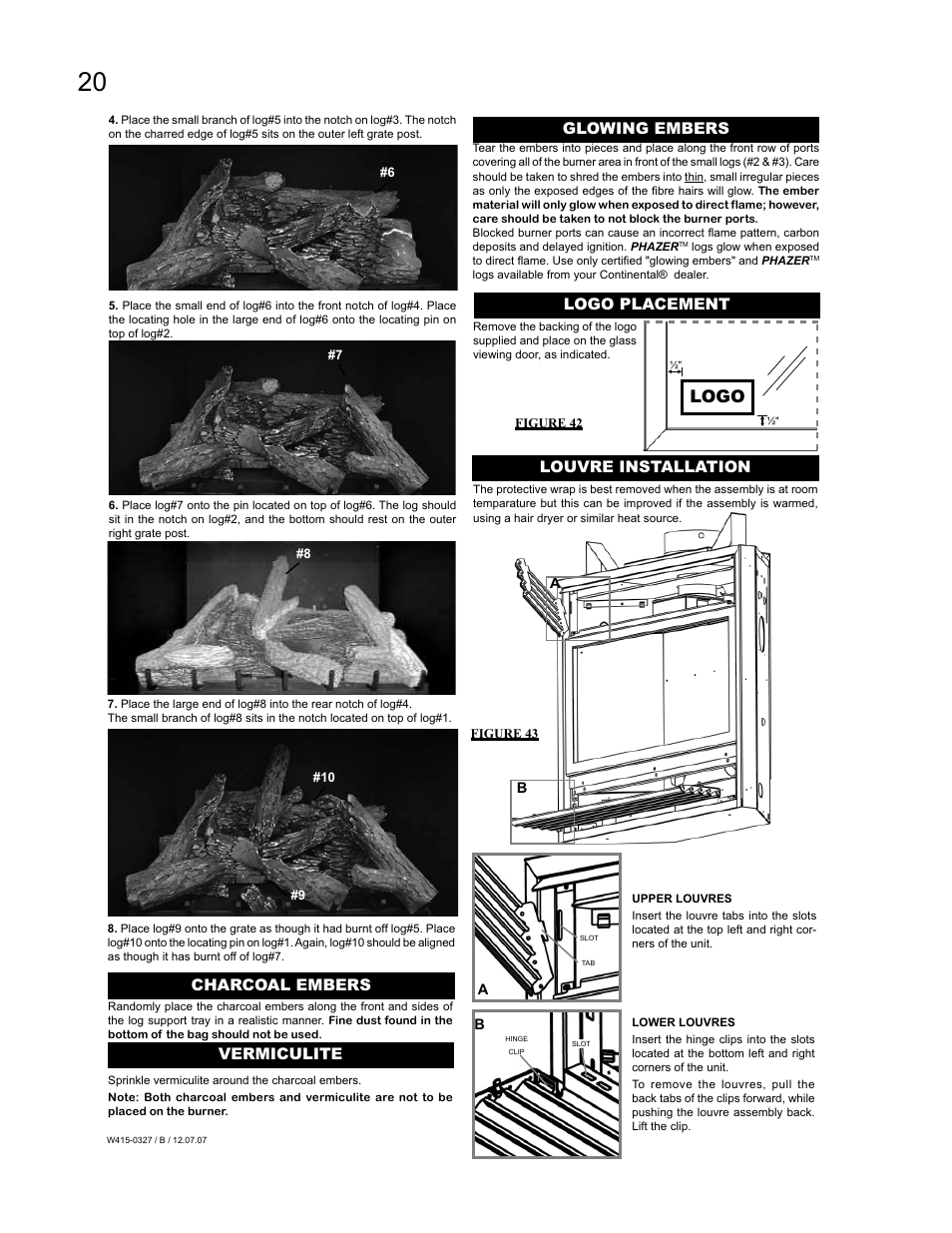 Logo, Charcoal embers vermiculite, Glowing embers | Logo placement, Louvre installation | Continental BCDV48N User Manual | Page 20 / 28