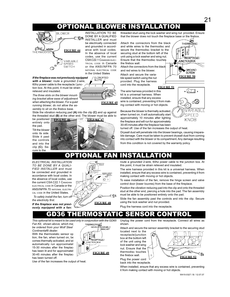 Optional blower installation, Optional fan installation, Gd36 thermostatic sensor control | Continental BCDV48N User Manual | Page 21 / 28