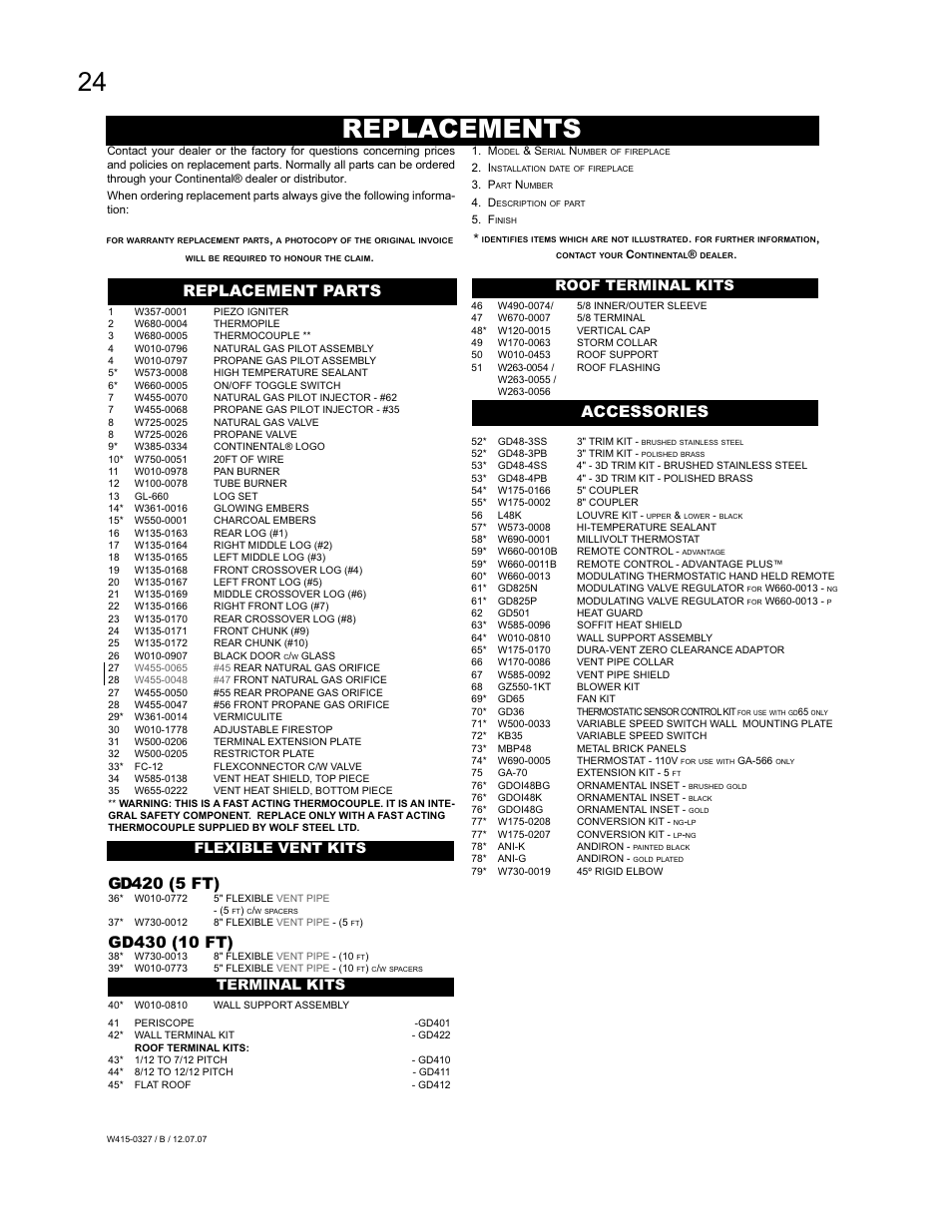 Replacements, Gd420 (5 ft), Replacement parts | Accessories | Continental BCDV48N User Manual | Page 24 / 28