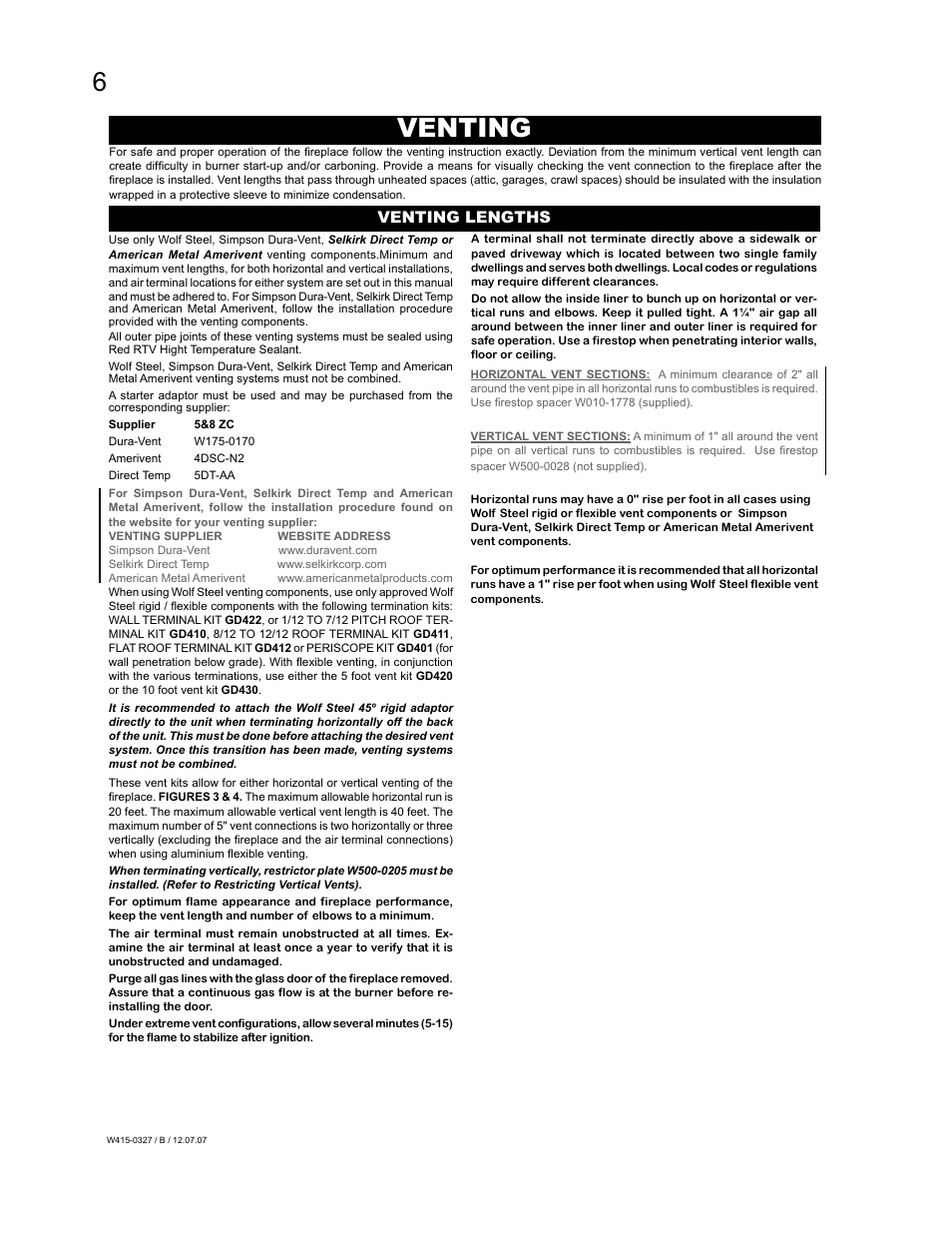 Venting, Venting lengths | Continental BCDV48N User Manual | Page 6 / 28