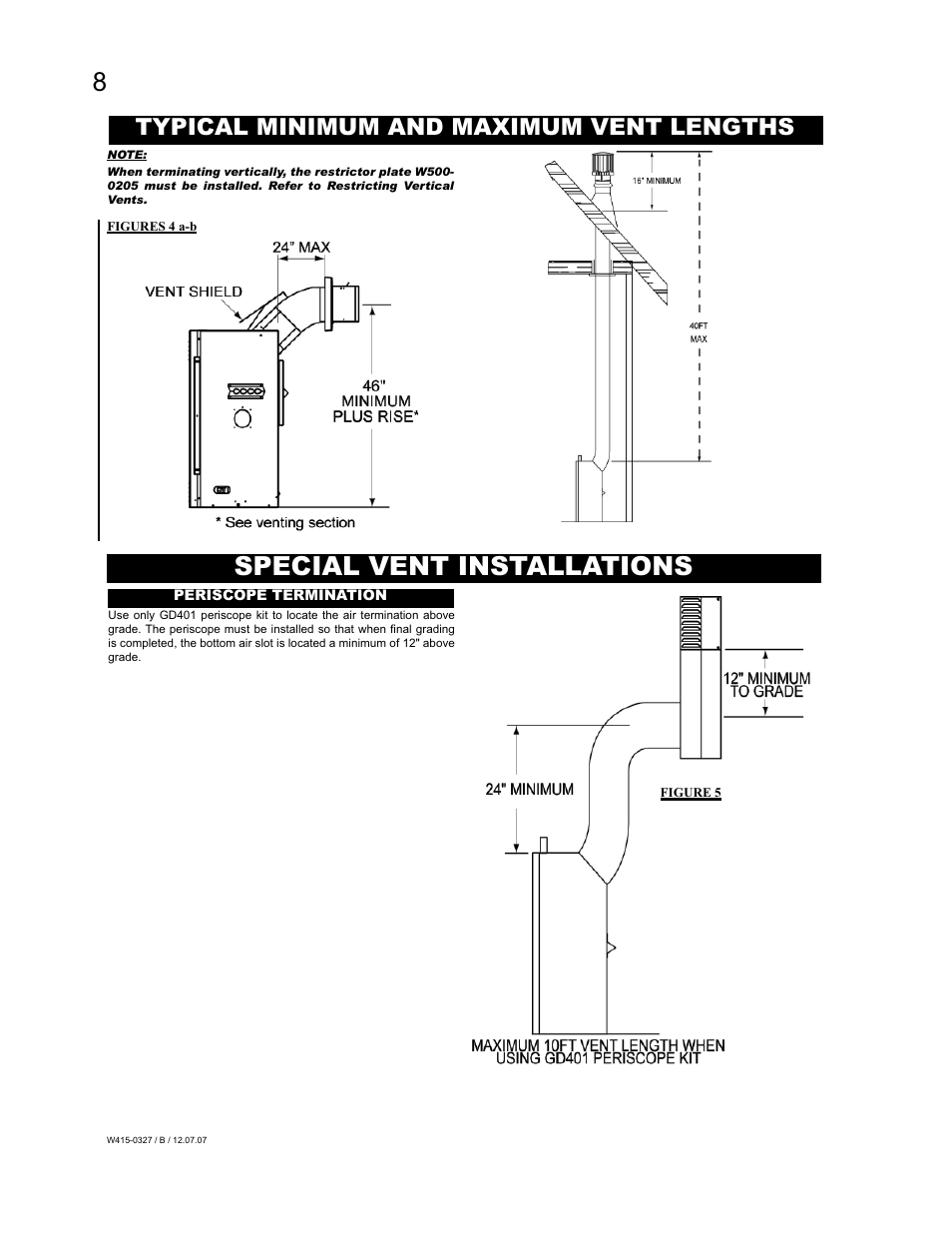 Special vent installations, Typical minimum and maximum vent lengths | Continental BCDV48N User Manual | Page 8 / 28