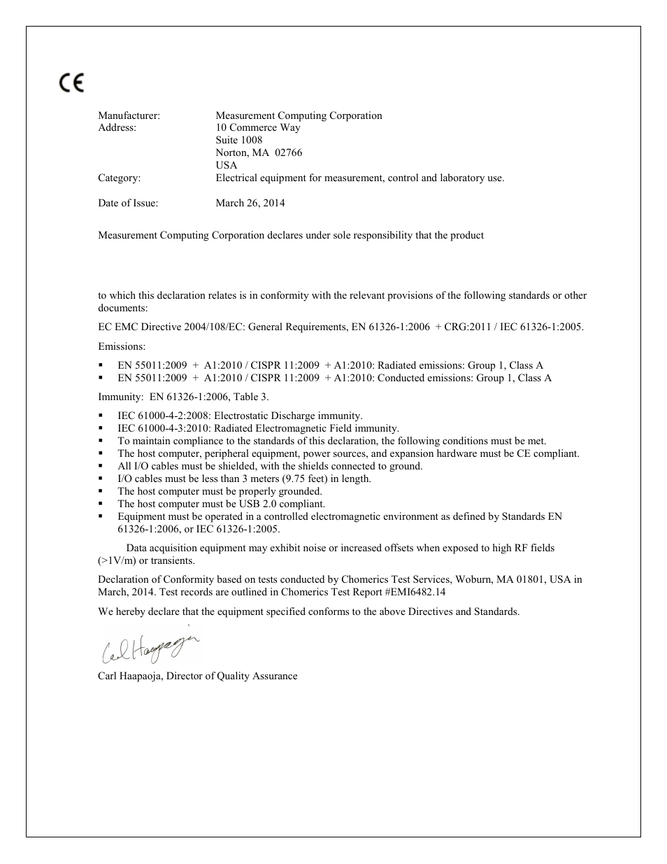 Declaration of conformity | Measurement Computing USB-CTR04 User Manual | Page 24 / 25