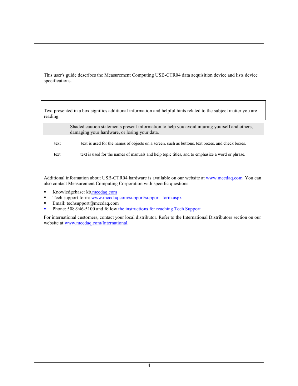 About this user's guide, What you will learn from this user's guide, Conventions in this user's guide | Where to find more information | Measurement Computing USB-CTR04 User Manual | Page 4 / 25