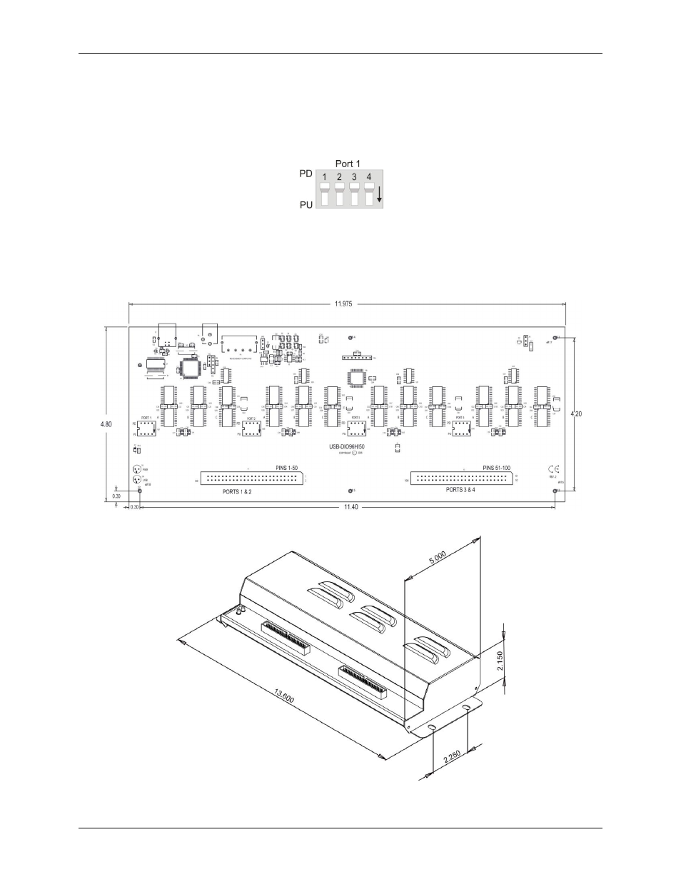 Pull-up/pull-down dip switches, Mechanical drawings | Measurement Computing USB-DIO96H-50 User Manual | Page 13 / 19