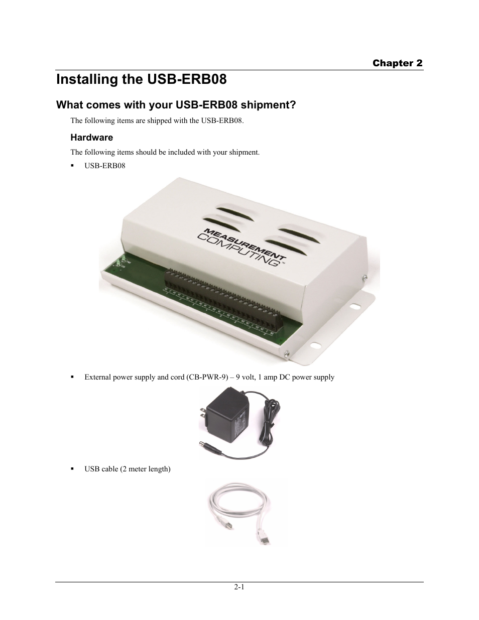 Installing the usb-erb08, What comes with your usb-erb08 shipment, Hardware | Installing the usb-erb08 -1, What comes with your usb-erb08 shipment? -1, Hardware -1 | Measurement Computing USB-ERB08 User Manual | Page 10 / 23