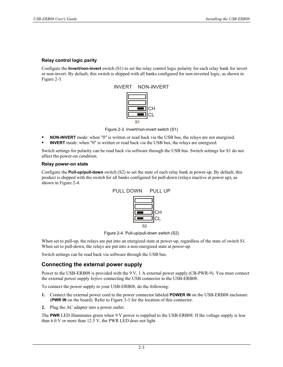 Relay control logic parity, Relay power-on state, Connecting the external power supply | Connecting the external power supply -3 | Measurement Computing USB-ERB08 User Manual | Page 12 / 23
