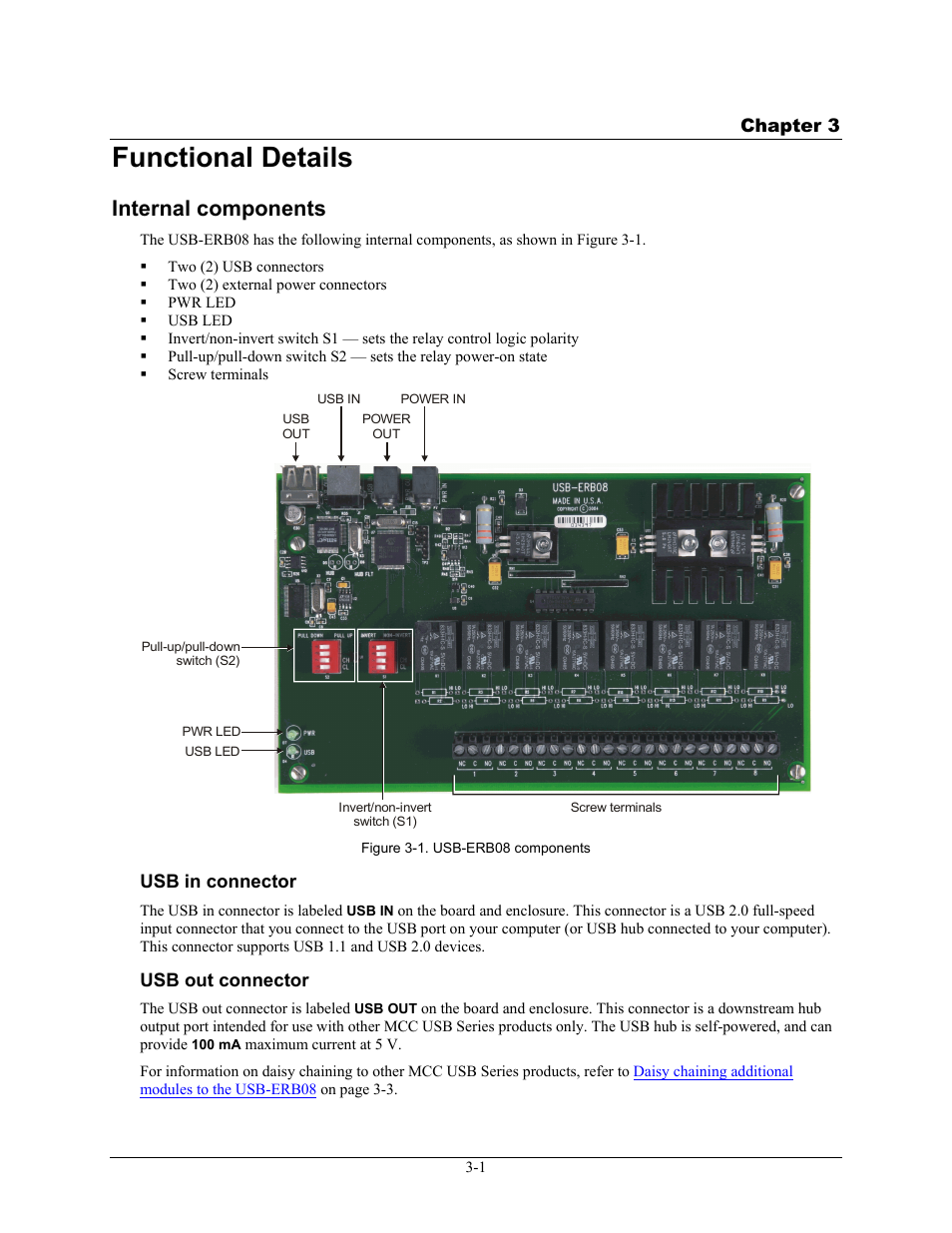 Functional details, Internal components, Usb in connector | Usb out connector, Functional details -1, Internal components -1, Usb in connector -1, Usb out connector -1, Gure 3-1 | Measurement Computing USB-ERB08 User Manual | Page 14 / 23