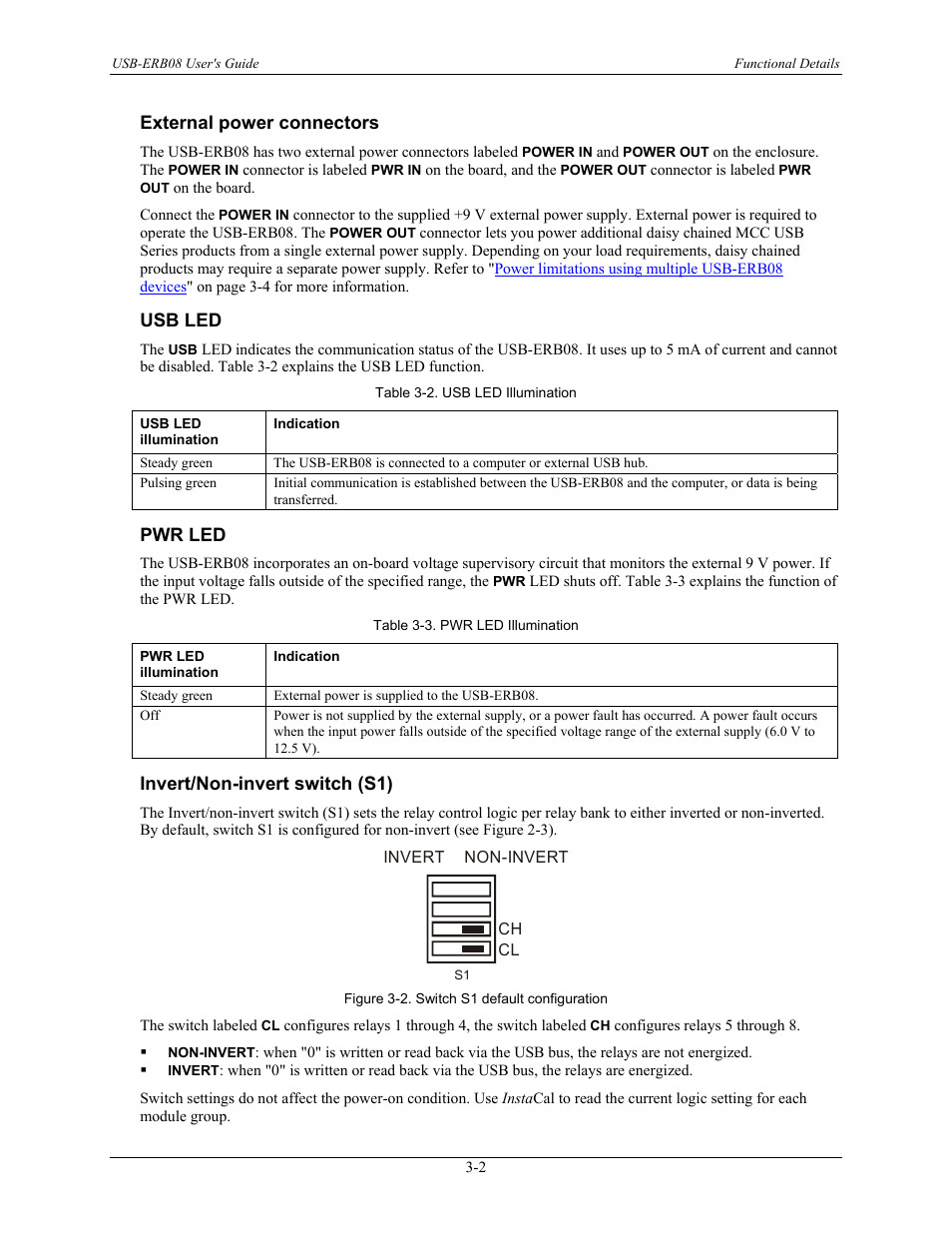 External power connectors, Usb led, Pwr led | Invert/non-invert switch (s1), External power connectors -2, Usb led -2, Pwr led -2, Invert/non-invert switch (s1) -2 | Measurement Computing USB-ERB08 User Manual | Page 15 / 23