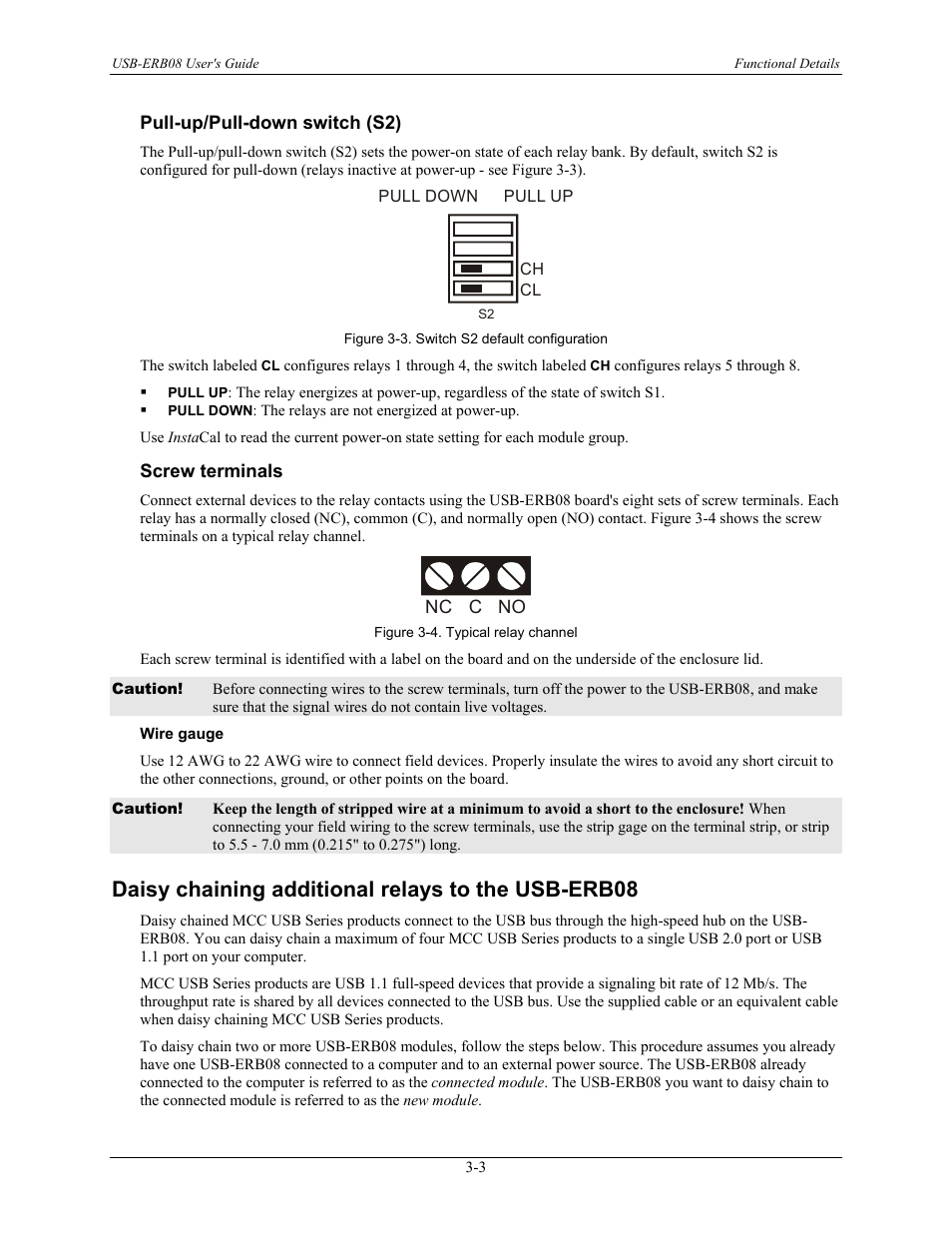 Pull-up/pull-down switch (s2), Screw terminals, Wire gauge | Daisy chaining additional relays to the usb-erb08, Pull-up/pull-down switch (s2) -3, Screw terminals -3, Daisy chaining additional, Modules to the usb-erb08 | Measurement Computing USB-ERB08 User Manual | Page 16 / 23