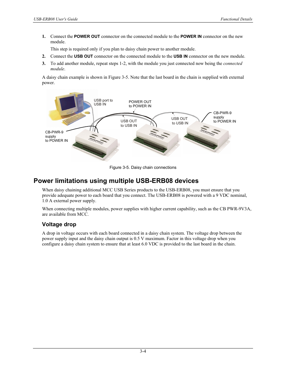 Power limitations using multiple usb-erb08 devices, Voltage drop, Voltage drop -4 | Power limitations using multiple usb-erb08, Devices, Ge 3-4 fo | Measurement Computing USB-ERB08 User Manual | Page 17 / 23