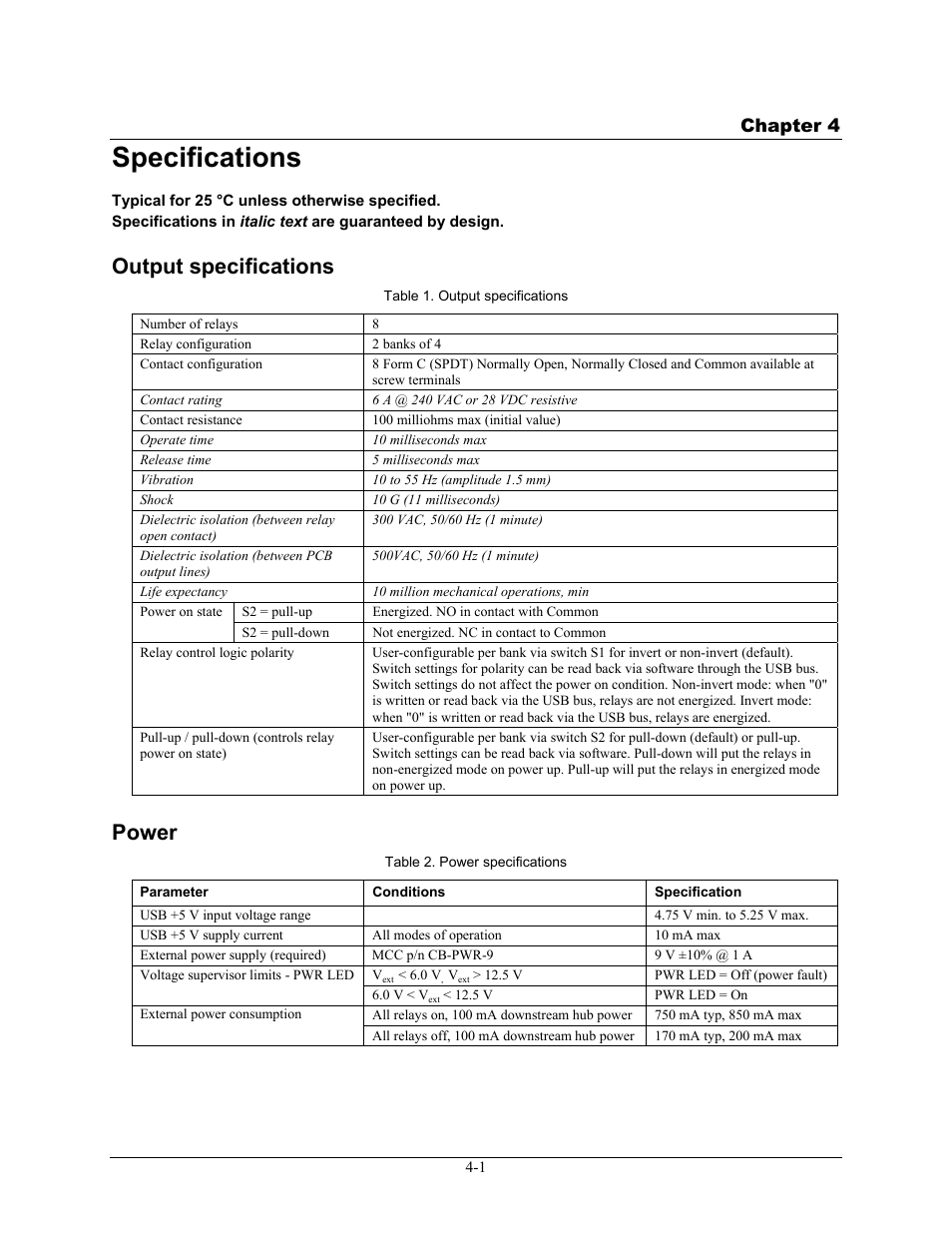 Specifications, Output specifications, Power | Specifications -1, Output specifications -1, Power -1, Chapter 4 | Measurement Computing USB-ERB08 User Manual | Page 19 / 23