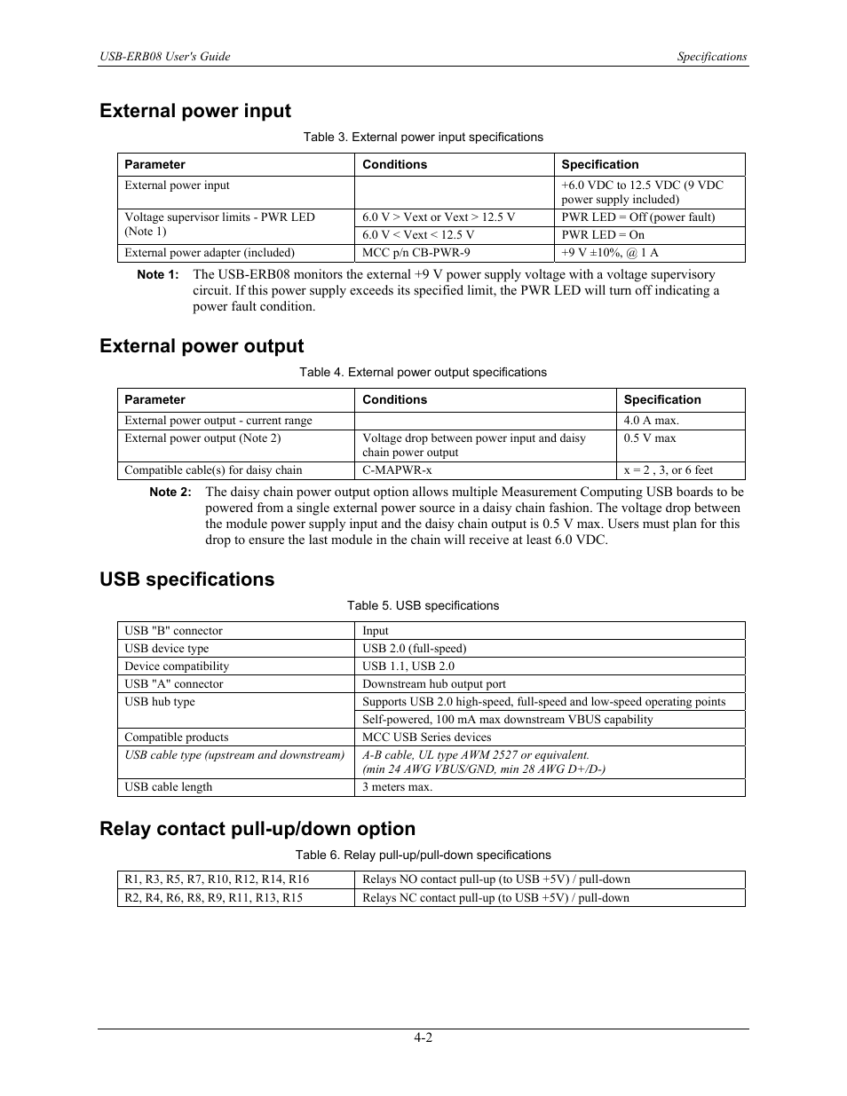 External power input, External power output, Usb specifications | Relay contact pull-up/down option, External power input -2, External power output -2, Usb specifications -2, Relay contact pull-up/down option -2 | Measurement Computing USB-ERB08 User Manual | Page 20 / 23