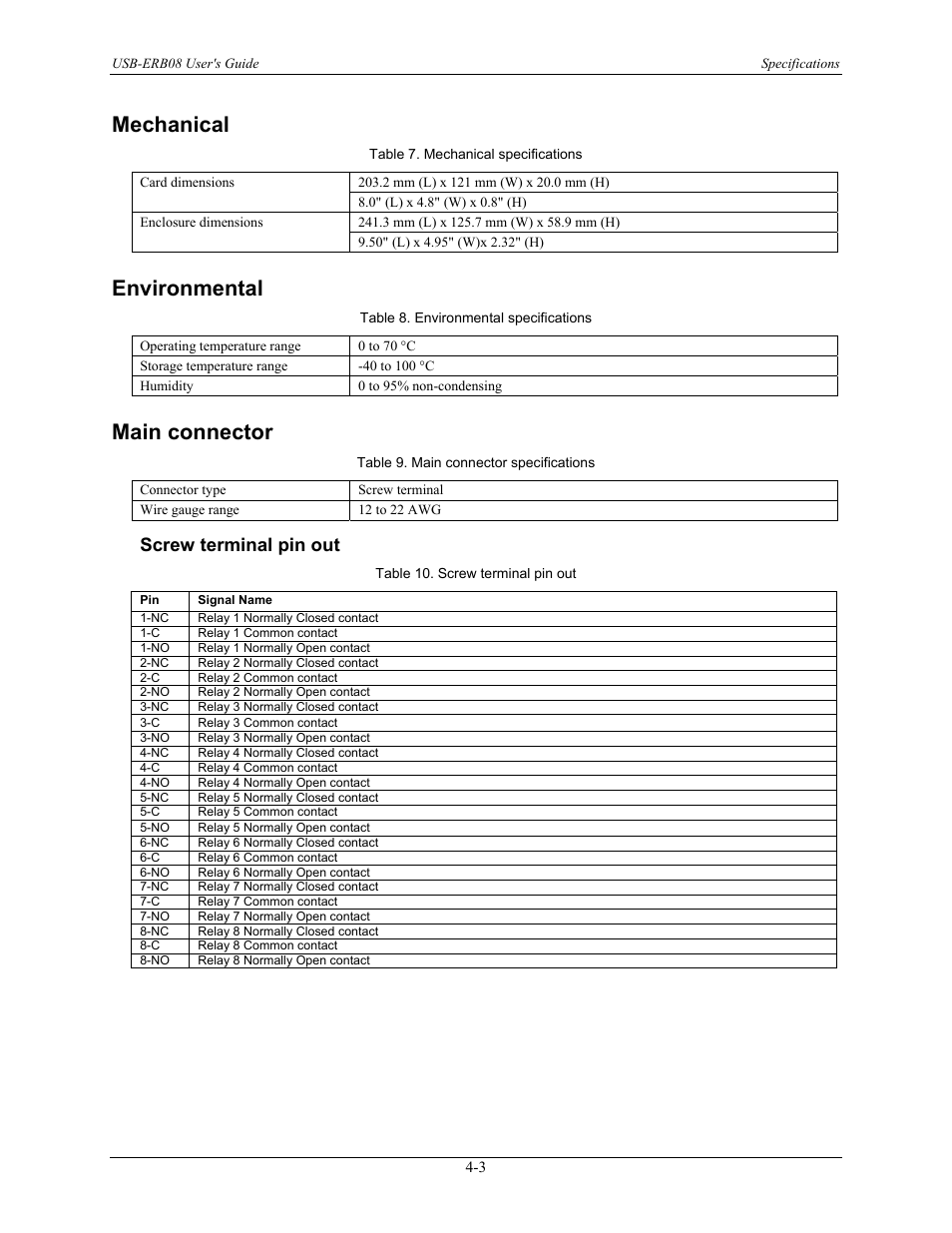Mechanical, Environmental, Main connector | Screw terminal pin out, Mechanical -3, Environmental -3, Main connector -3, Screw terminal pin out -3 | Measurement Computing USB-ERB08 User Manual | Page 21 / 23