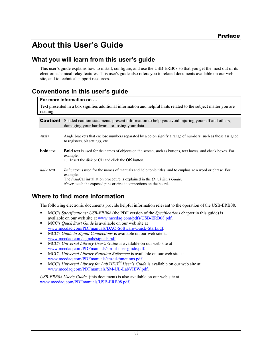 Preface, About this user’s guide, What you will learn from this user’s guide | Conventions in this user’s guide, Where to find more information | Measurement Computing USB-ERB08 User Manual | Page 7 / 23