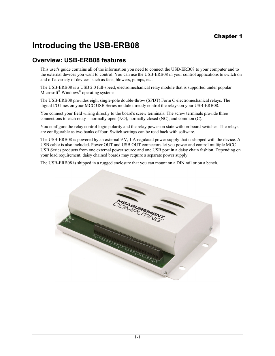 Introducing the usb-erb08, Overview: usb-erb08 features, Introducing the usb-erb08 -1 | Overview: usb-erb08 features -1 | Measurement Computing USB-ERB08 User Manual | Page 8 / 23