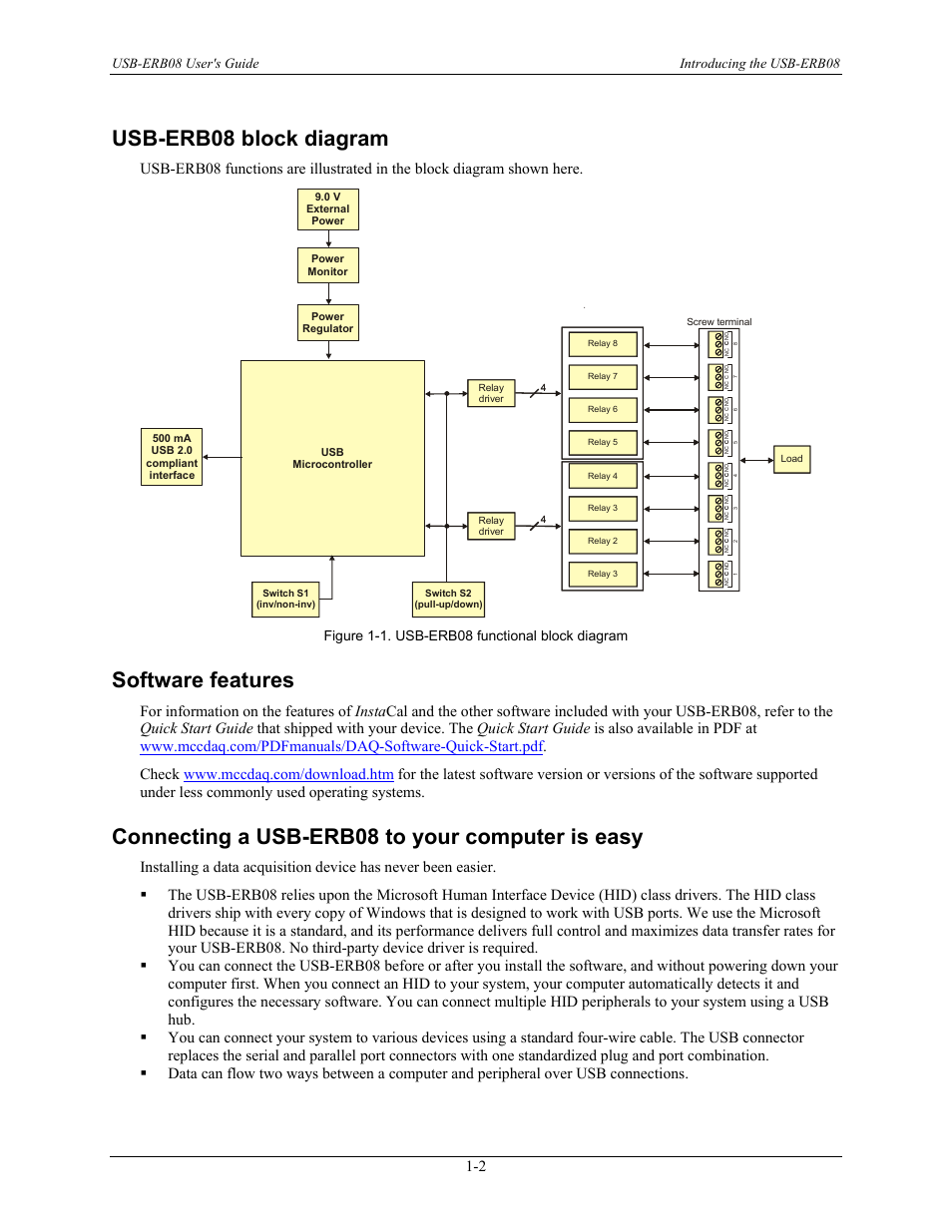 Usb-erb08 block diagram, Software features, Connecting a usb-erb08 to your computer is easy | Usb-erb08 block diagram -2, Software features -2, Connecting a usb-erb08 to your computer is easy -2, Usb-erb08 user's guide introducing the usb-erb08, Figure 1-1. usb-erb08 functional block diagram | Measurement Computing USB-ERB08 User Manual | Page 9 / 23