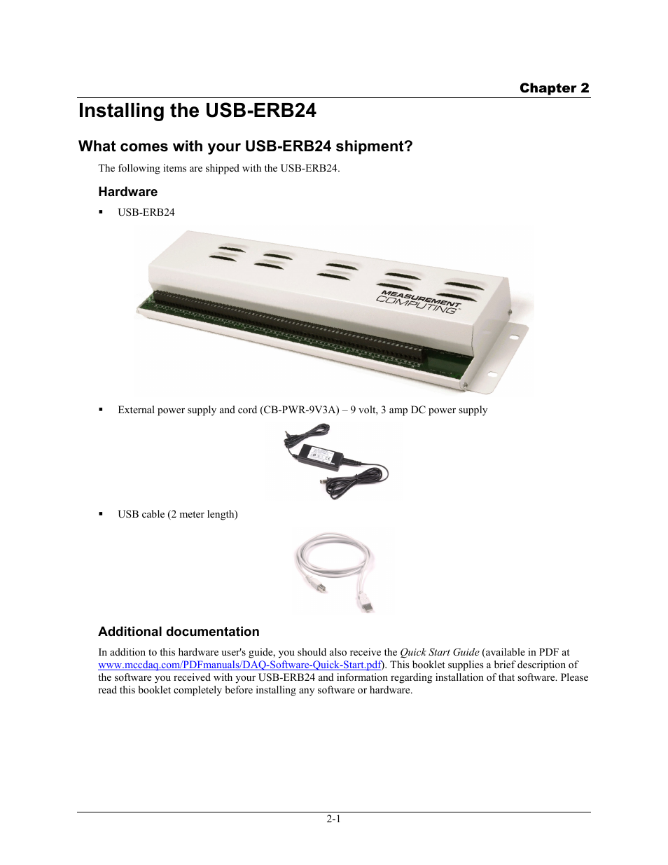 Installing the usb-erb24, What comes with your usb-erb24 shipment, Hardware | Additional documentation, Installing the usb-erb24 -1, What comes with your usb-erb24 shipment? -1, Hardware -1, Additional documentation -1 | Measurement Computing USB-ERB24 User Manual | Page 11 / 26