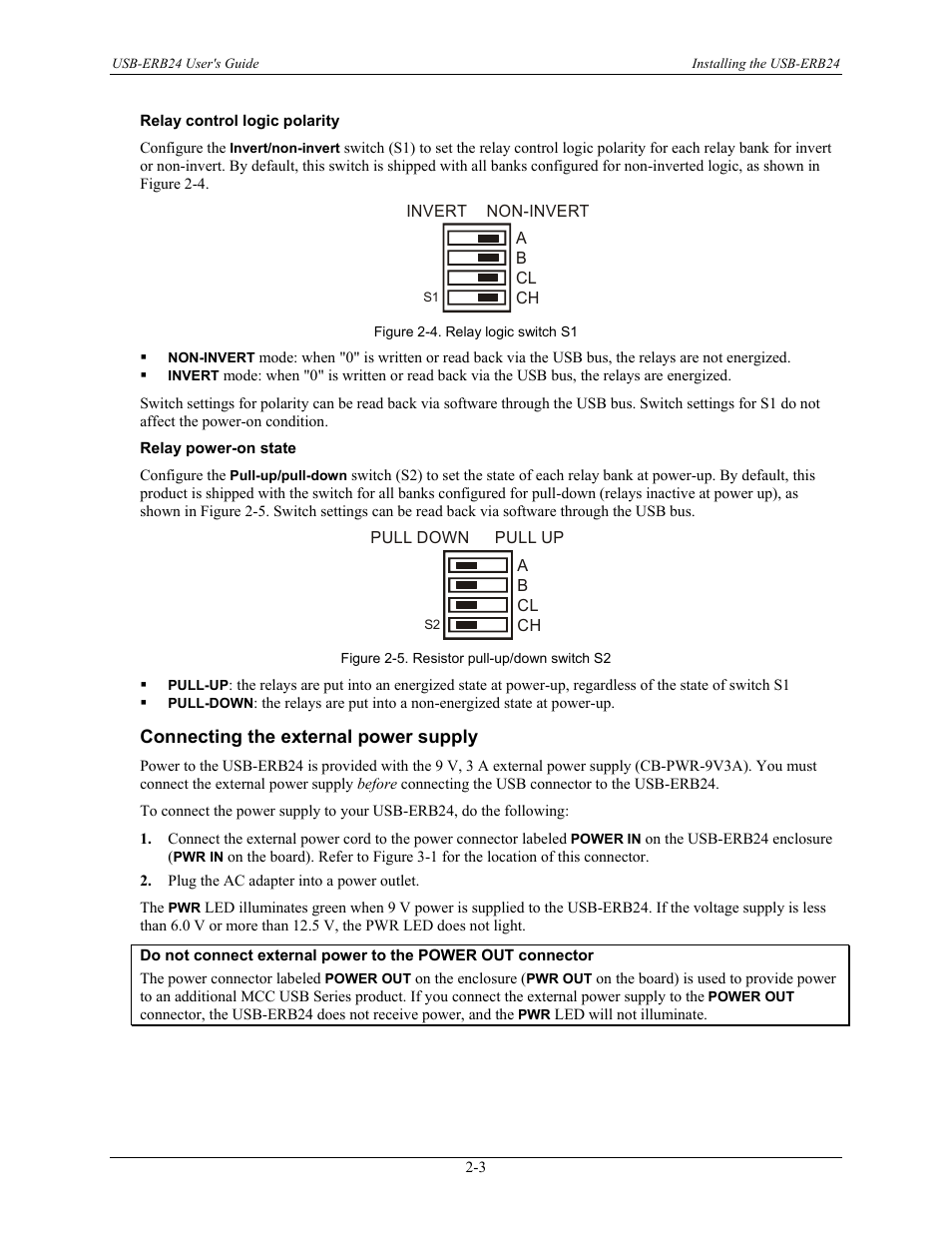 Relay control logic polarity, Relay power-on state, Connecting the external power supply | Connecting the external power supply -3 | Measurement Computing USB-ERB24 User Manual | Page 13 / 26