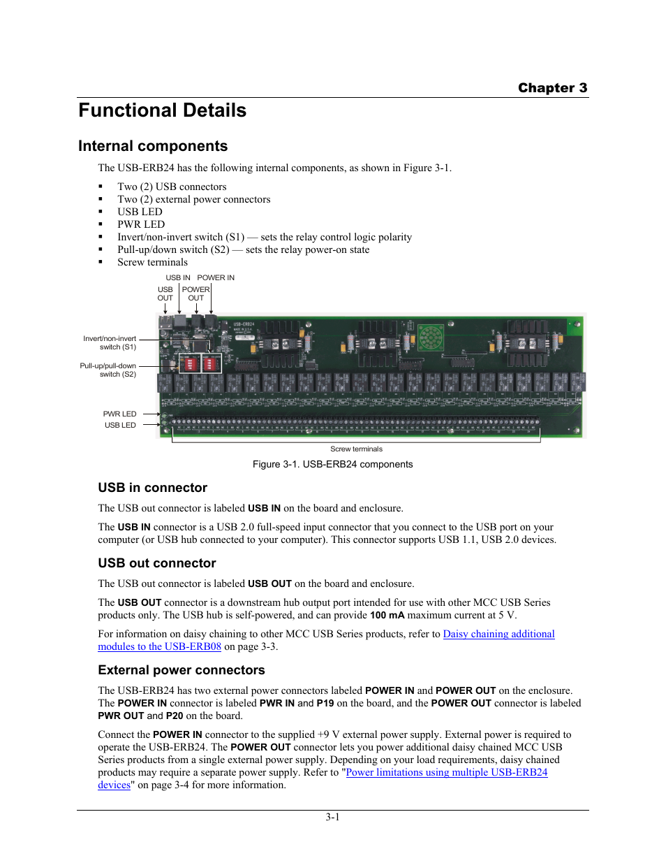 Functional details, Internal components, Usb in connector | Usb out connector, External power connectors, Functional details -1, Internal components -1, Usb in connector -1, Usb out connector -1, External power connectors -1 | Measurement Computing USB-ERB24 User Manual | Page 15 / 26