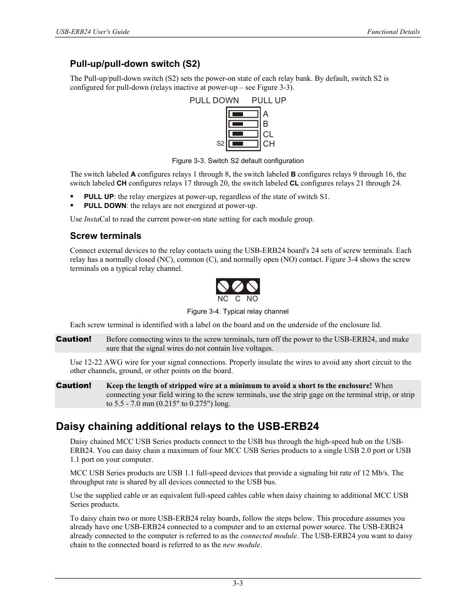 Pull-up/pull-down switch (s2), Screw terminals, Daisy chaining additional relays to the usb-erb24 | Pull-up/pull-down switch (s2) -3, Screw terminals -3 | Measurement Computing USB-ERB24 User Manual | Page 17 / 26