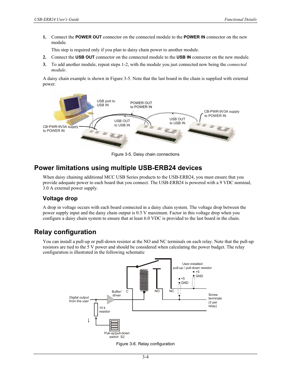 Power limitations using multiple usb-erb24 devices, Voltage drop, Relay configuration | Voltage drop -4, Relay configuration -4 | Measurement Computing USB-ERB24 User Manual | Page 18 / 26