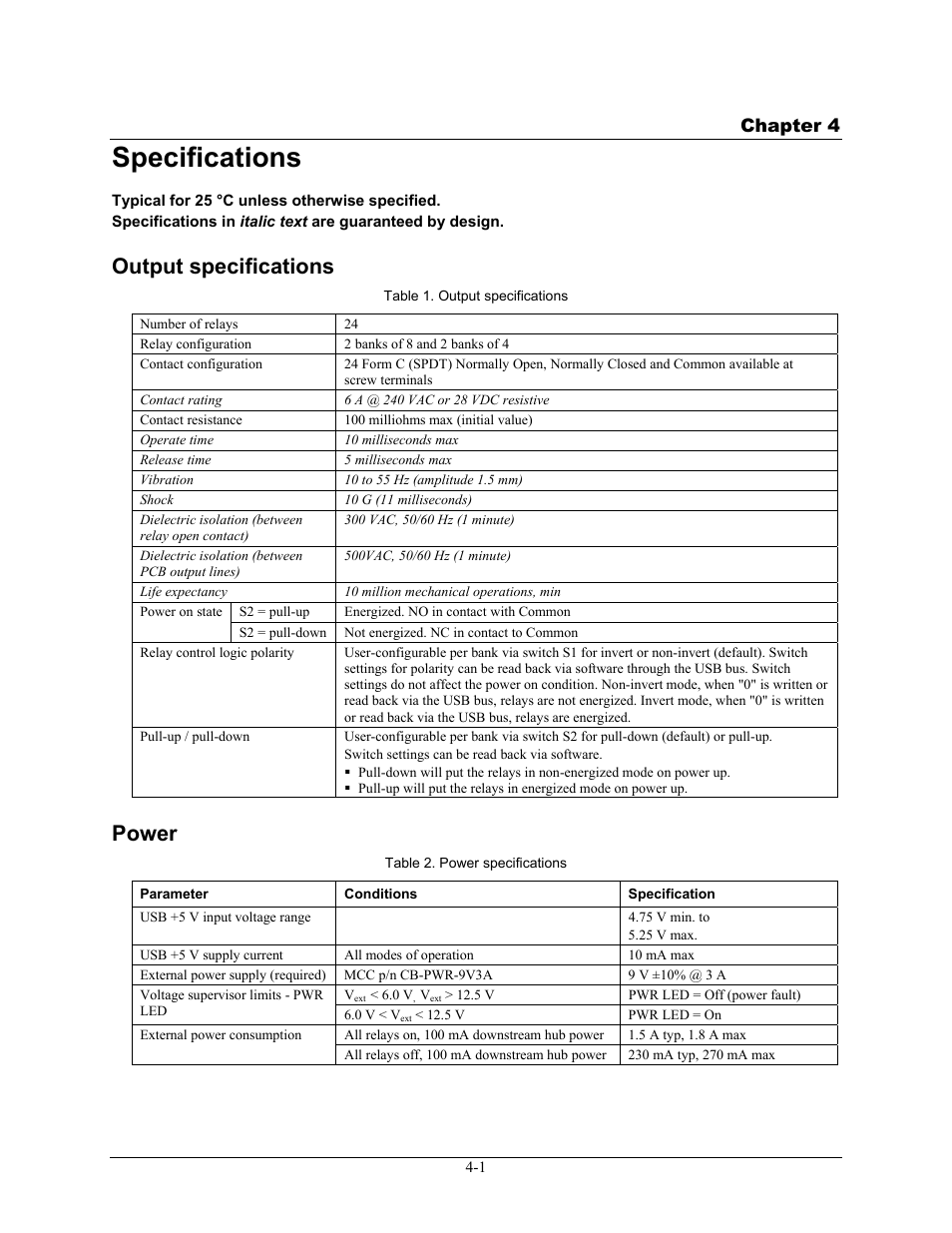 Specifications, Output specifications, Power | Specifications -1, Output specifications -1, Power -1, Chapter 4 | Measurement Computing USB-ERB24 User Manual | Page 20 / 26