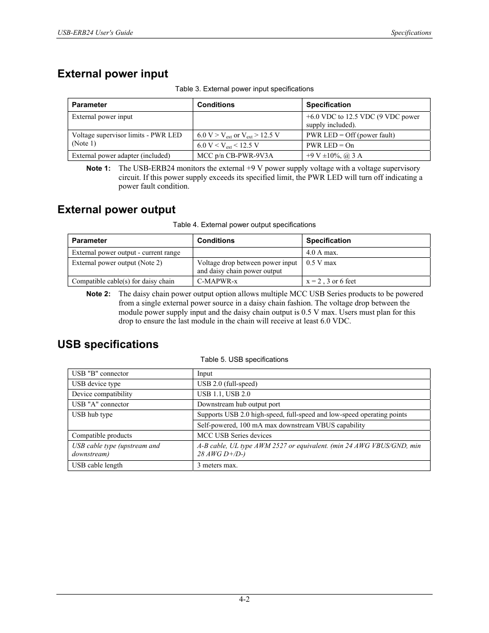External power input, External power output, Usb specifications | External power input -2, External power output -2, Usb specifications -2 | Measurement Computing USB-ERB24 User Manual | Page 21 / 26