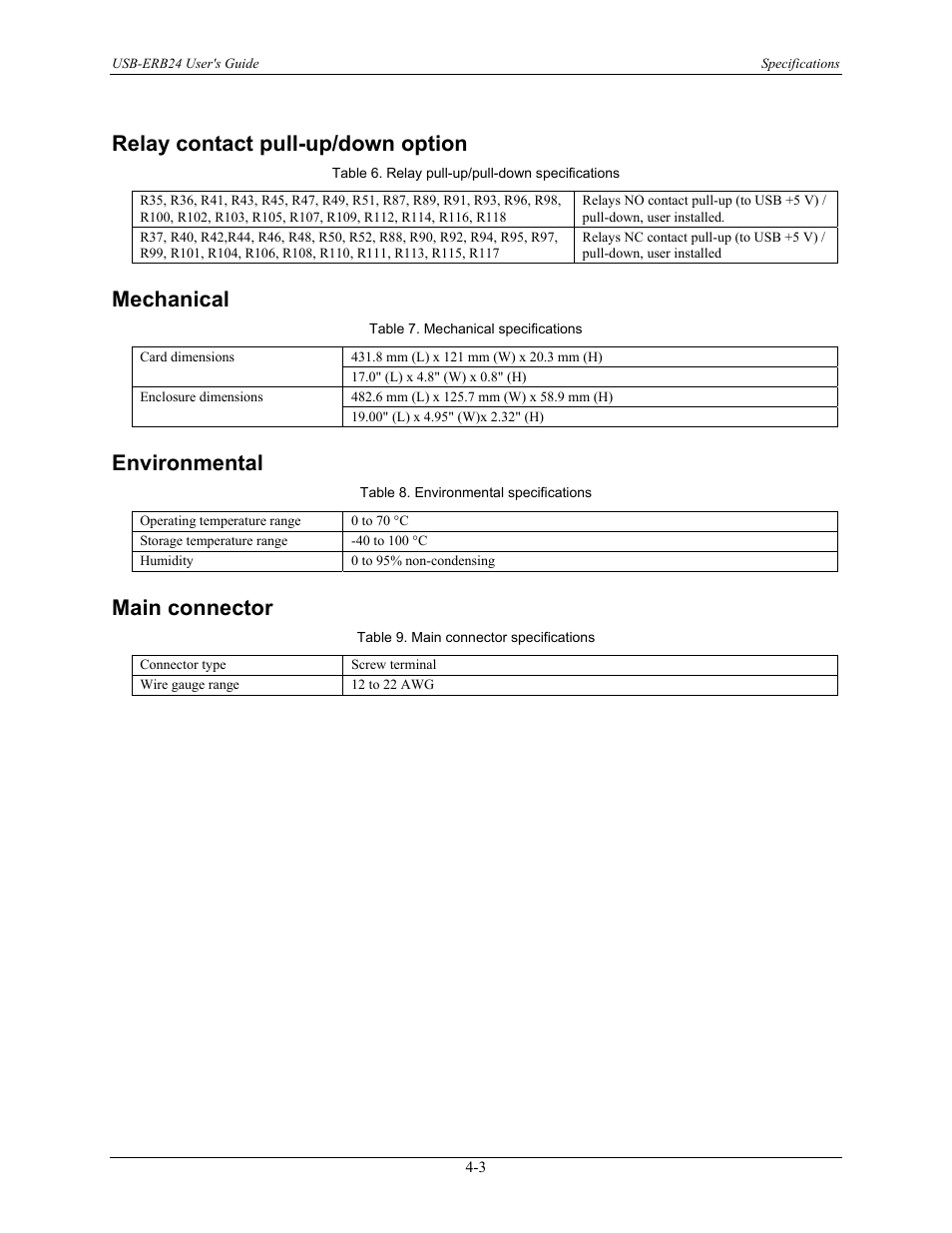 Relay contact pull-up/down option, Mechanical, Environmental | Main connector, Relay contact pull-up/down option -3, Mechanical -3, Environmental -3, Main connector -3 | Measurement Computing USB-ERB24 User Manual | Page 22 / 26