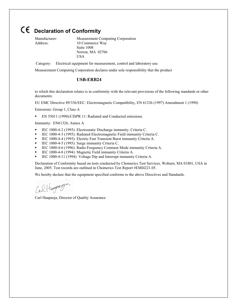 Declaration of conformity | Measurement Computing USB-ERB24 User Manual | Page 25 / 26