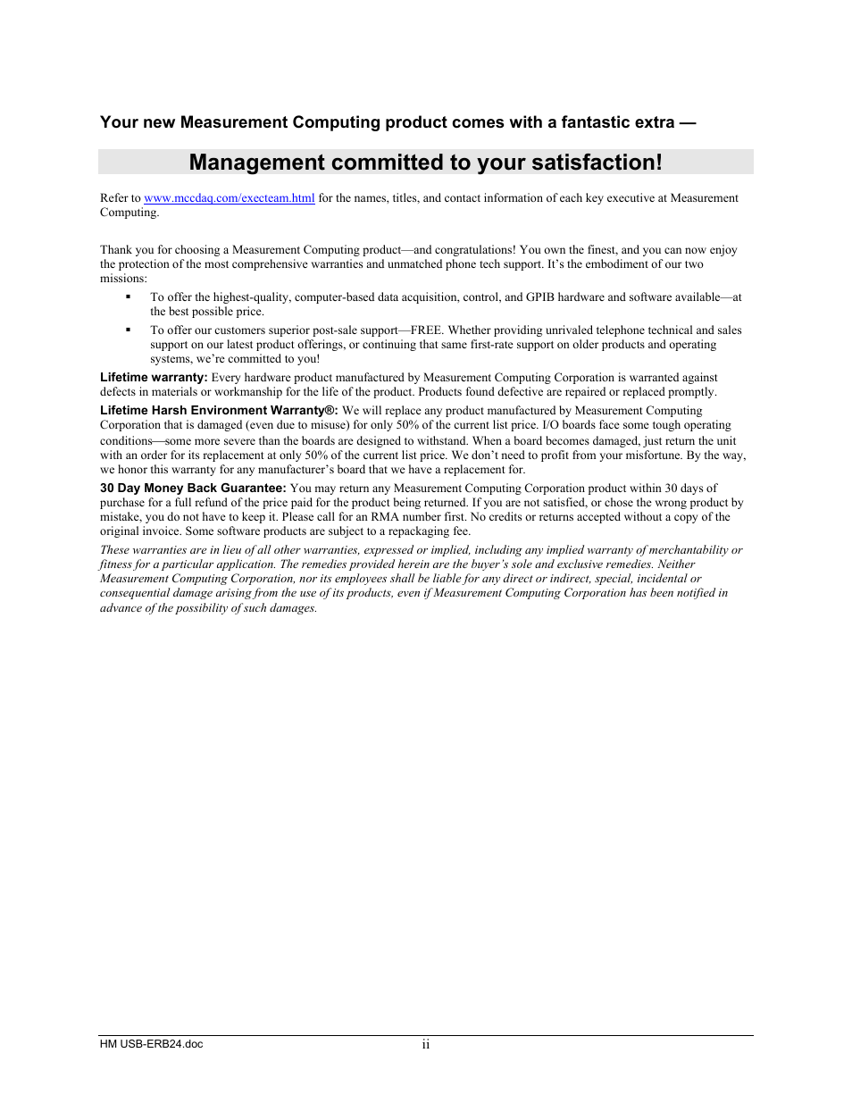 Management committed to your satisfaction | Measurement Computing USB-ERB24 User Manual | Page 3 / 26