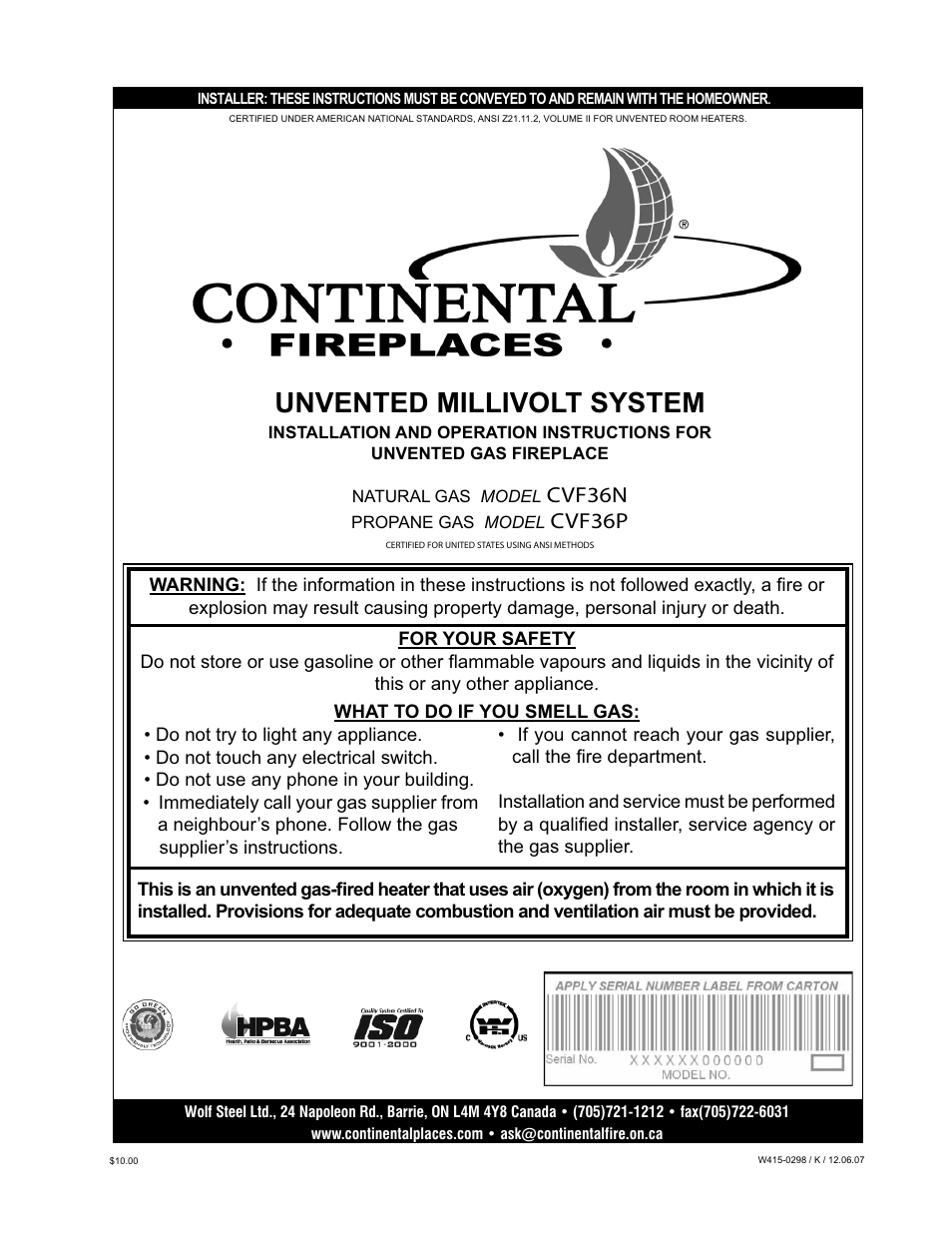 Continental CVF36P User Manual | 18 pages