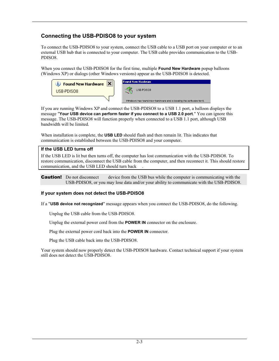 Connecting the usb-pdiso8 to your system, If your system does not detect the usb-pdiso8, Connecting the usb-pdiso8 to your system -3 | Measurement Computing USB-PDISO8 User Manual | Page 10 / 23