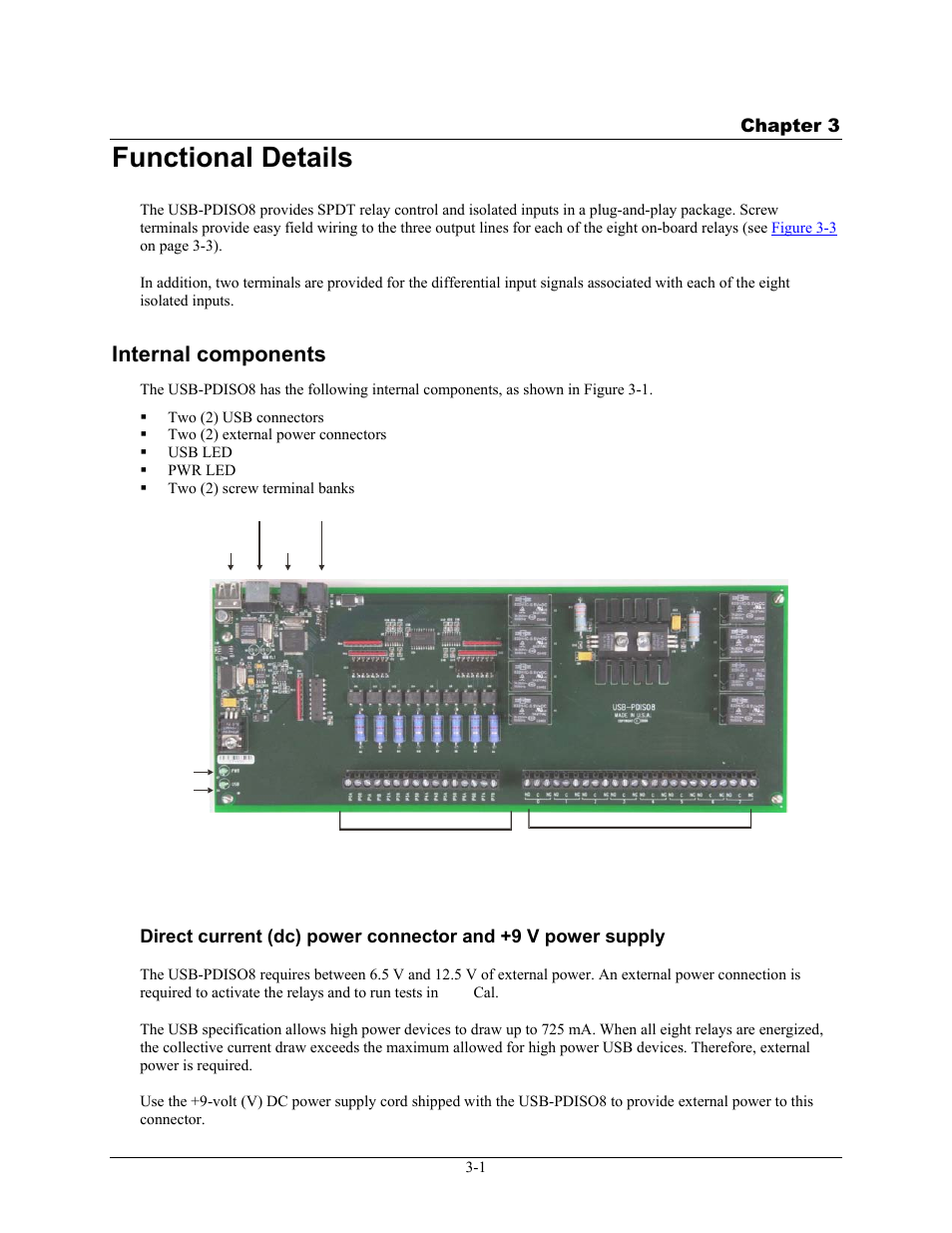 Functional details, Internal components, Direct current (dc) power connector and +9 v | Functional details -1, Internal components -1 | Measurement Computing USB-PDISO8 User Manual | Page 11 / 23