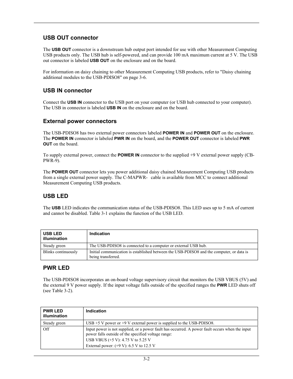 Usb out connector, Usb in connector, External power connectors | Usb led, Pwr led, Usb out connector -2, Usb in connector -2, External power connectors -2, Usb led -2, Pwr led -2 | Measurement Computing USB-PDISO8 User Manual | Page 12 / 23