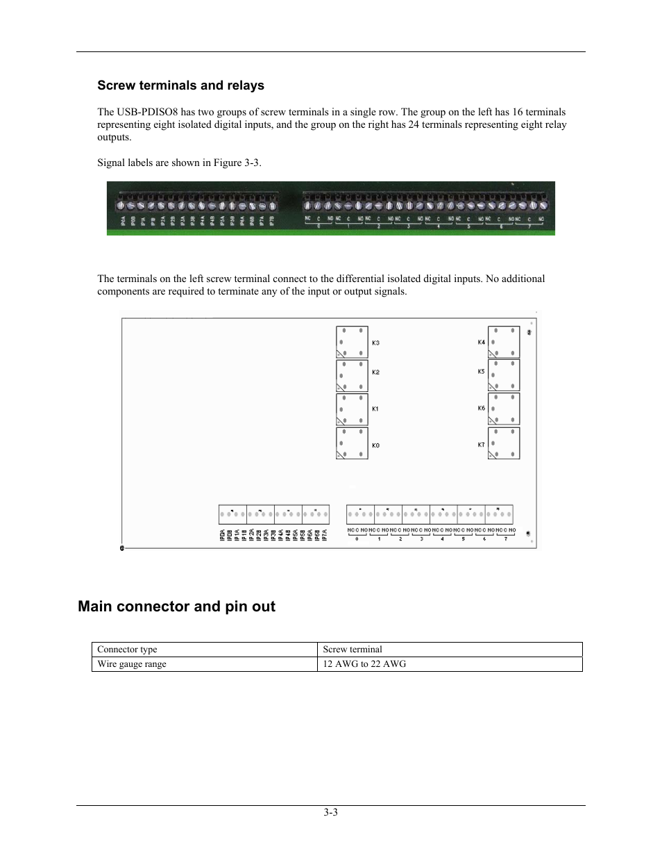 Screw terminals and relays, Main connector and pin out, Screw terminals and relays -3 | Main connector and pin out -3, Figure 3-3 | Measurement Computing USB-PDISO8 User Manual | Page 13 / 23