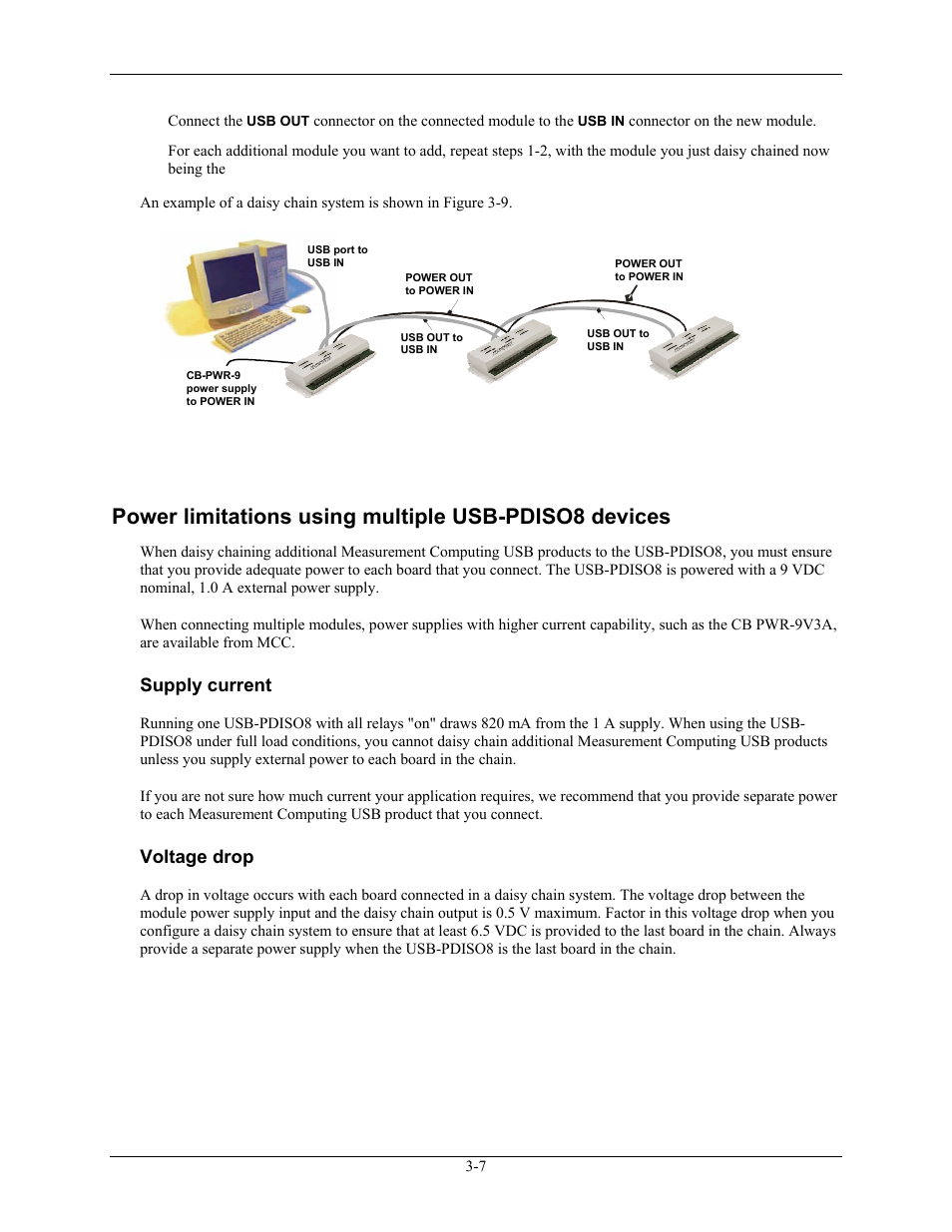 Supply current, Voltage drop, Supply current -7 | Voltage drop -7, Power limitations us es, Ing multiple usb-pdiso8 devic | Measurement Computing USB-PDISO8 User Manual | Page 17 / 23
