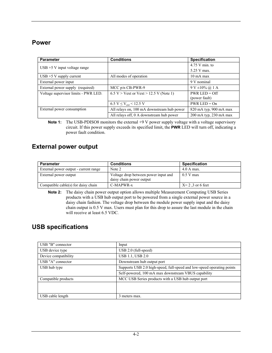 Power, Usb specifications, Power -2 | Usb specifications -2, External power output | Measurement Computing USB-PDISO8 User Manual | Page 20 / 23